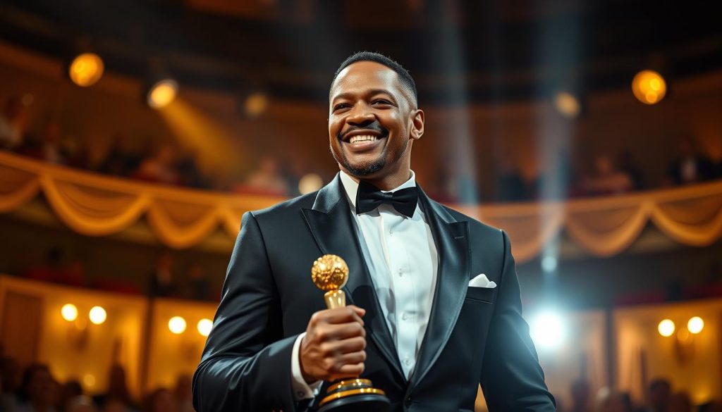 A dramatic portrait of Jamie Foxx accepting an award, showcasing his emotional expression and gratitude. In the foreground, he stands confidently on stage, wearing a sleek black tuxedo and a crisp white shirt, holding a golden award statue. His backdrop features a blurred audience, with soft golden lights illuminating the scene, creating a warm and celebratory atmosphere. The middle ground highlights an intricate stage design with elegant drapes, shimmering lights, and spotlights focused on Jamie. The composition captures a moment of triumph and critical recognition in his career, invoking a sense of achievement and celebration. The lighting is soft yet vibrant, evoking a mood of inspiration and reverence. The image is devoid of any text or logos, ensuring a clean and professional presentation.