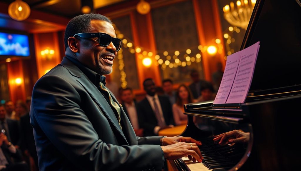 A powerful depiction of Jamie Foxx portraying Ray Charles, set in a vibrant jazz club environment. In the foreground, Jamie Foxx is captured in a dynamic performance pose, wearing a stylish, 1960s-inspired suit, complete with sunglasses, evoking the essence of Ray Charles. His expression is intense, radiating passion and emotion while playing the piano. In the middle ground, the grand piano is adorned with sheet music, while an audience is shown in silhouette, absorbed in the music. The background features softly glowing string lights and rich, warm colors, creating an intimate atmosphere. The lighting is dramatic, casting soft shadows and highlighting Foxx's facial features. The angle is slightly low, emphasizing his stature on stage, conveying a sense of inspiration and nostalgia.